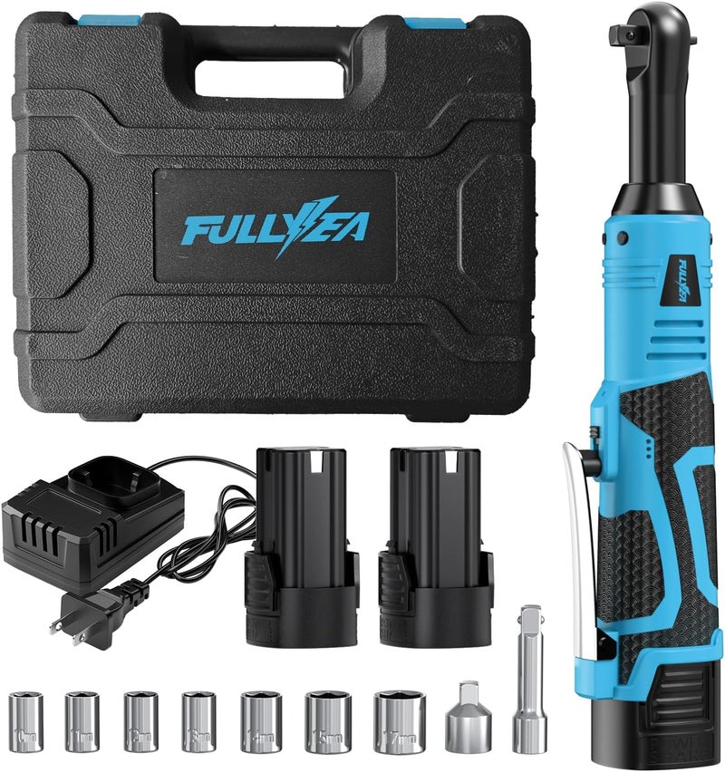 FULLYEA 3/8" Cordless Ratchet Wrench Set, 40 Ft-lbs, 550 RPM, 16.8V Electric Ratchet, Extended Power Ratchet Tool Kit with Variable Speed, 2 * 2.0Ah Battery, 1/4" Adapter & 3" Extension Bar(Blue) - Image 1